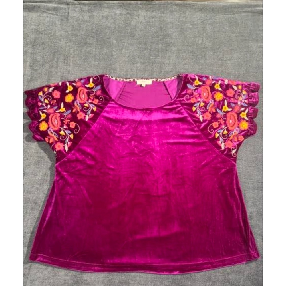 Umgee Magenta Velvet Floral Embroidered Flutter Sleeve Top Plus Size 1XL WK7490